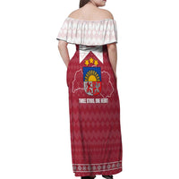 Latvia Family Matching Off Shoulder Maxi Dress and Hawaiian Shirt with National Coat of Arms and Knit Pattern – Three Stars One Heart Design