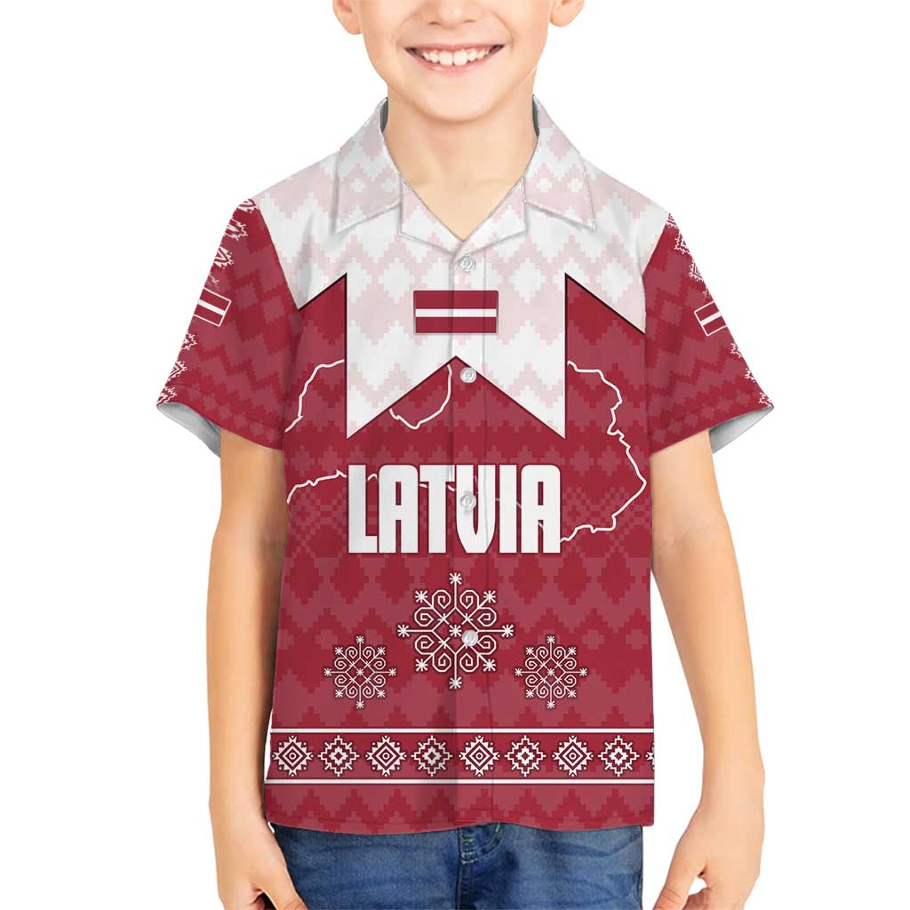 Latvia Family Matching Off Shoulder Maxi Dress and Hawaiian Shirt with National Coat of Arms and Knit Pattern – Three Stars One Heart Design