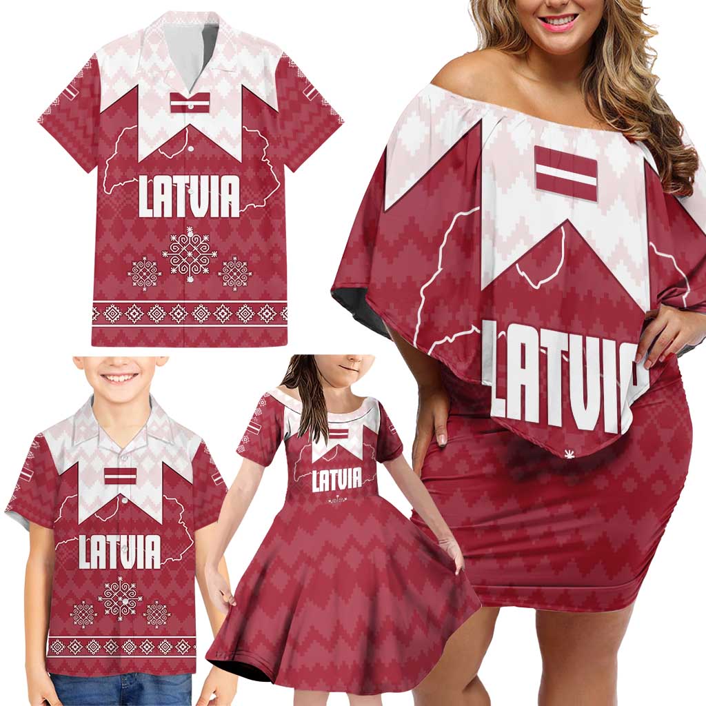 Latvia Family Matching Off Shoulder Short Dress and Hawaiian Shirt with National Coat of Arms and Knit Pattern – Three Stars One Heart Design