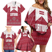 Latvia Family Matching Off Shoulder Short Dress and Hawaiian Shirt with National Coat of Arms and Knit Pattern – Three Stars One Heart Design