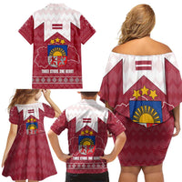 Latvia Family Matching Off Shoulder Short Dress and Hawaiian Shirt with National Coat of Arms and Knit Pattern – Three Stars One Heart Design