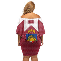 Latvia Family Matching Off Shoulder Short Dress and Hawaiian Shirt with National Coat of Arms and Knit Pattern – Three Stars One Heart Design