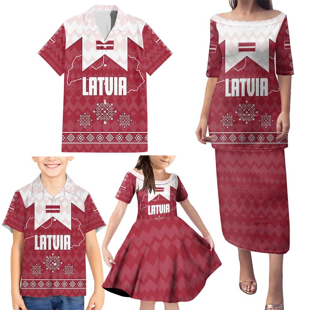 Latvia Family Matching Puletasi and Hawaiian Shirt with National Coat of Arms and Knit Pattern – Three Stars One Heart Design