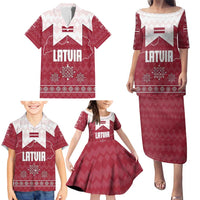 Latvia Family Matching Puletasi and Hawaiian Shirt with National Coat of Arms and Knit Pattern – Three Stars One Heart Design