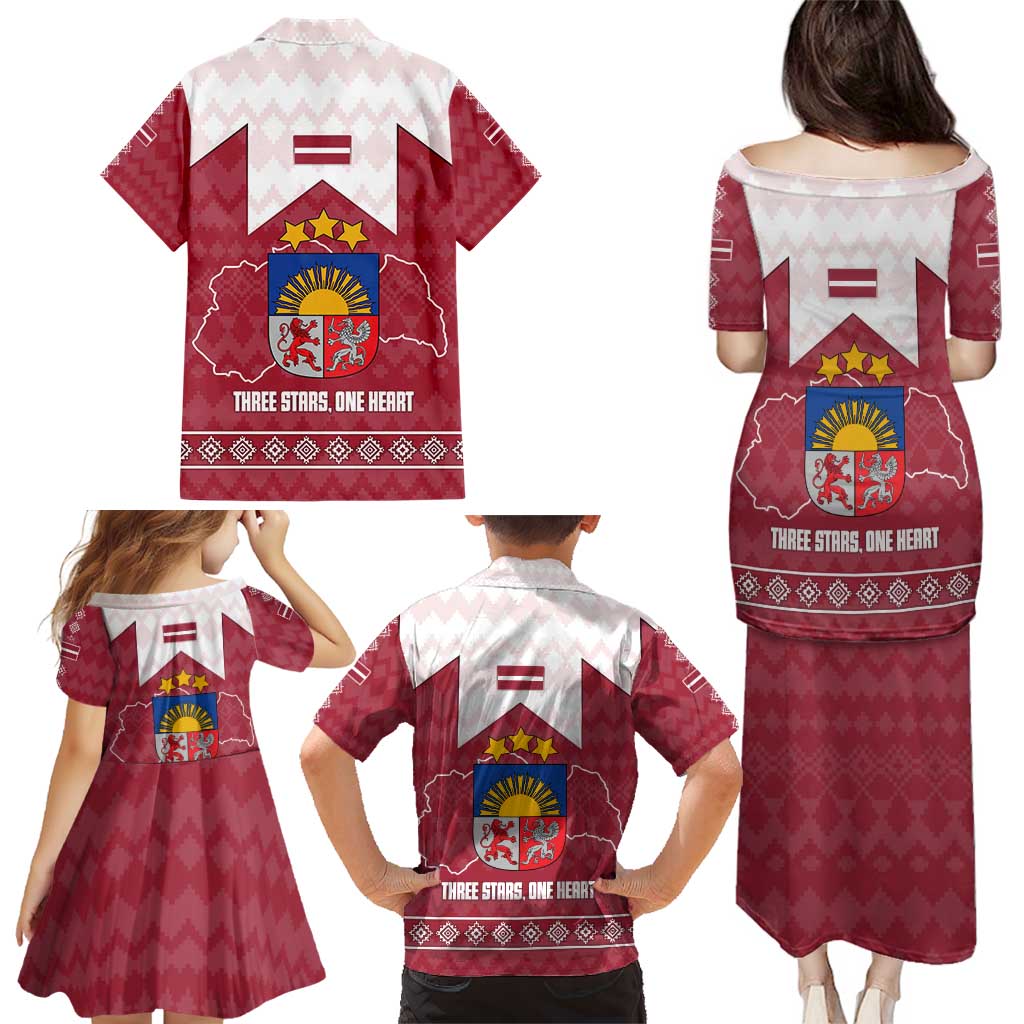Latvia Family Matching Puletasi and Hawaiian Shirt with National Coat of Arms and Knit Pattern – Three Stars One Heart Design