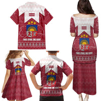 Latvia Family Matching Puletasi and Hawaiian Shirt with National Coat of Arms and Knit Pattern – Three Stars One Heart Design