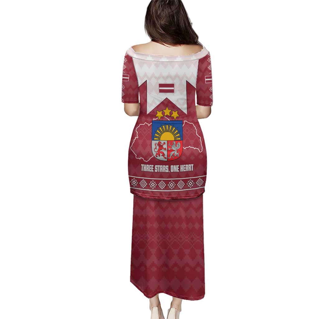 Latvia Family Matching Puletasi and Hawaiian Shirt with National Coat of Arms and Knit Pattern – Three Stars One Heart Design
