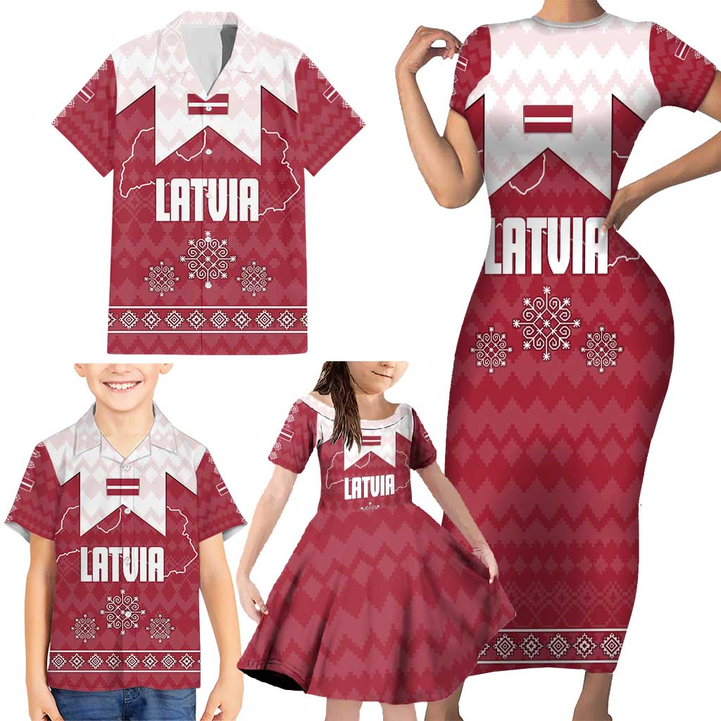 Latvia Family Matching Short Sleeve Bodycon Dress and Hawaiian Shirt with National Coat of Arms and Knit Pattern – Three Stars One Heart Design