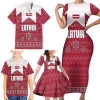 Latvia Family Matching Short Sleeve Bodycon Dress and Hawaiian Shirt with National Coat of Arms and Knit Pattern – Three Stars One Heart Design