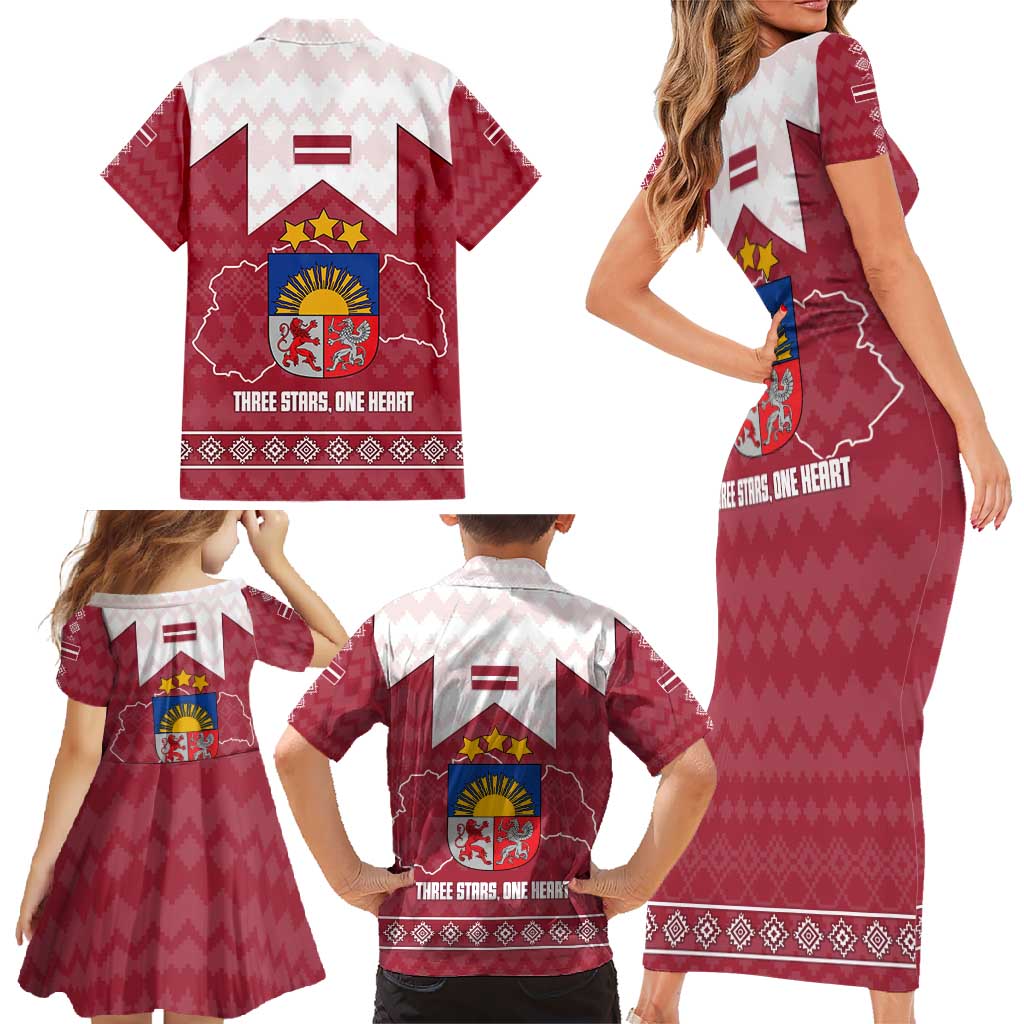 Latvia Family Matching Short Sleeve Bodycon Dress and Hawaiian Shirt with National Coat of Arms and Knit Pattern – Three Stars One Heart Design