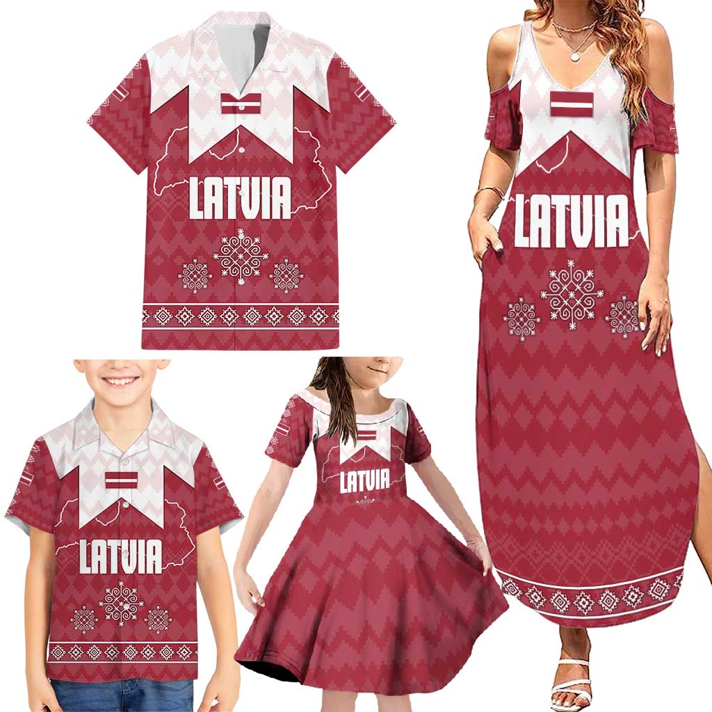 Latvia Family Matching Summer Maxi Dress and Hawaiian Shirt with National Coat of Arms and Knit Pattern – Three Stars One Heart Design