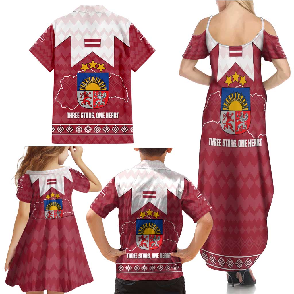 Latvia Family Matching Summer Maxi Dress and Hawaiian Shirt with National Coat of Arms and Knit Pattern – Three Stars One Heart Design