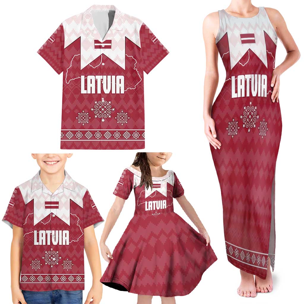 Latvia Family Matching Tank Maxi Dress and Hawaiian Shirt with National Coat of Arms and Knit Pattern – Three Stars One Heart Design
