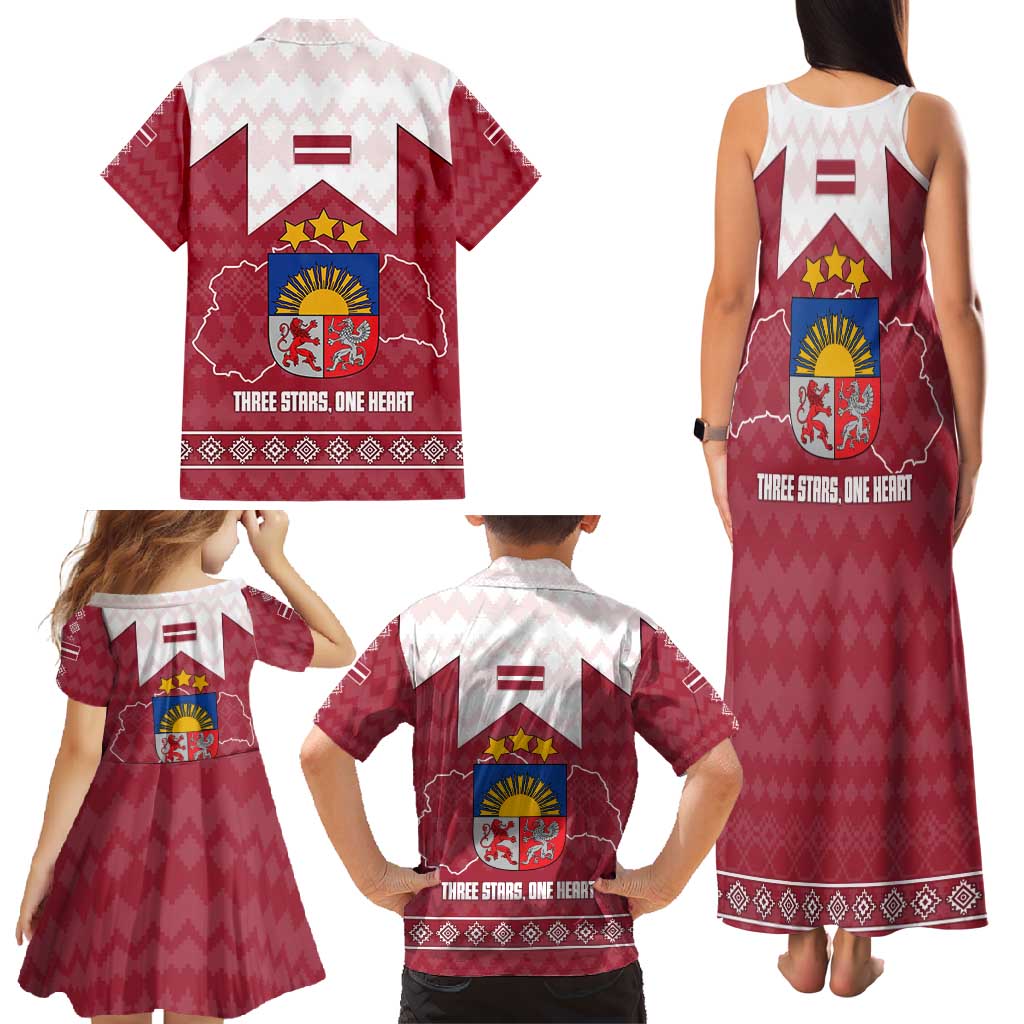 Latvia Family Matching Tank Maxi Dress and Hawaiian Shirt with National Coat of Arms and Knit Pattern – Three Stars One Heart Design