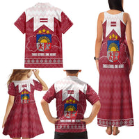 Latvia Family Matching Tank Maxi Dress and Hawaiian Shirt with National Coat of Arms and Knit Pattern – Three Stars One Heart Design