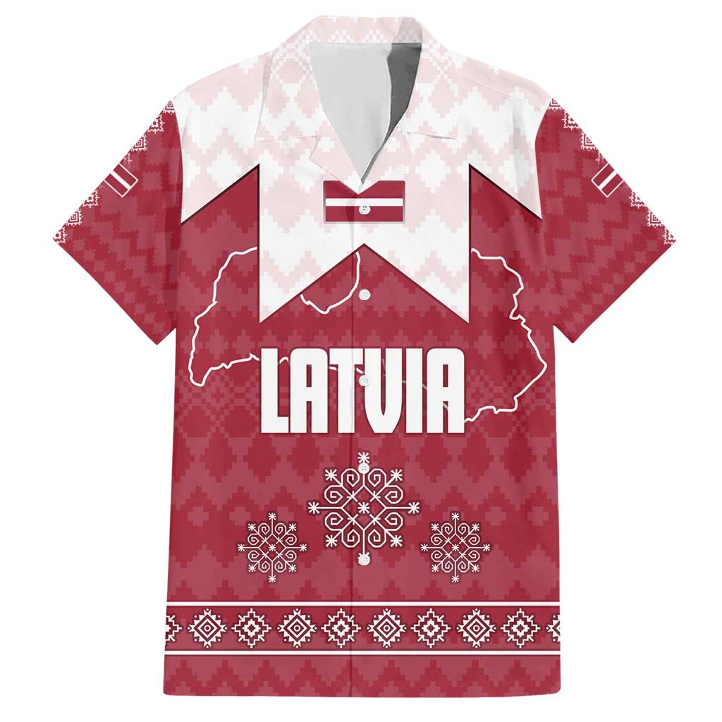 Latvia Hawaiian Shirt with National Coat of Arms and Knit Pattern – Three Stars One Heart Design