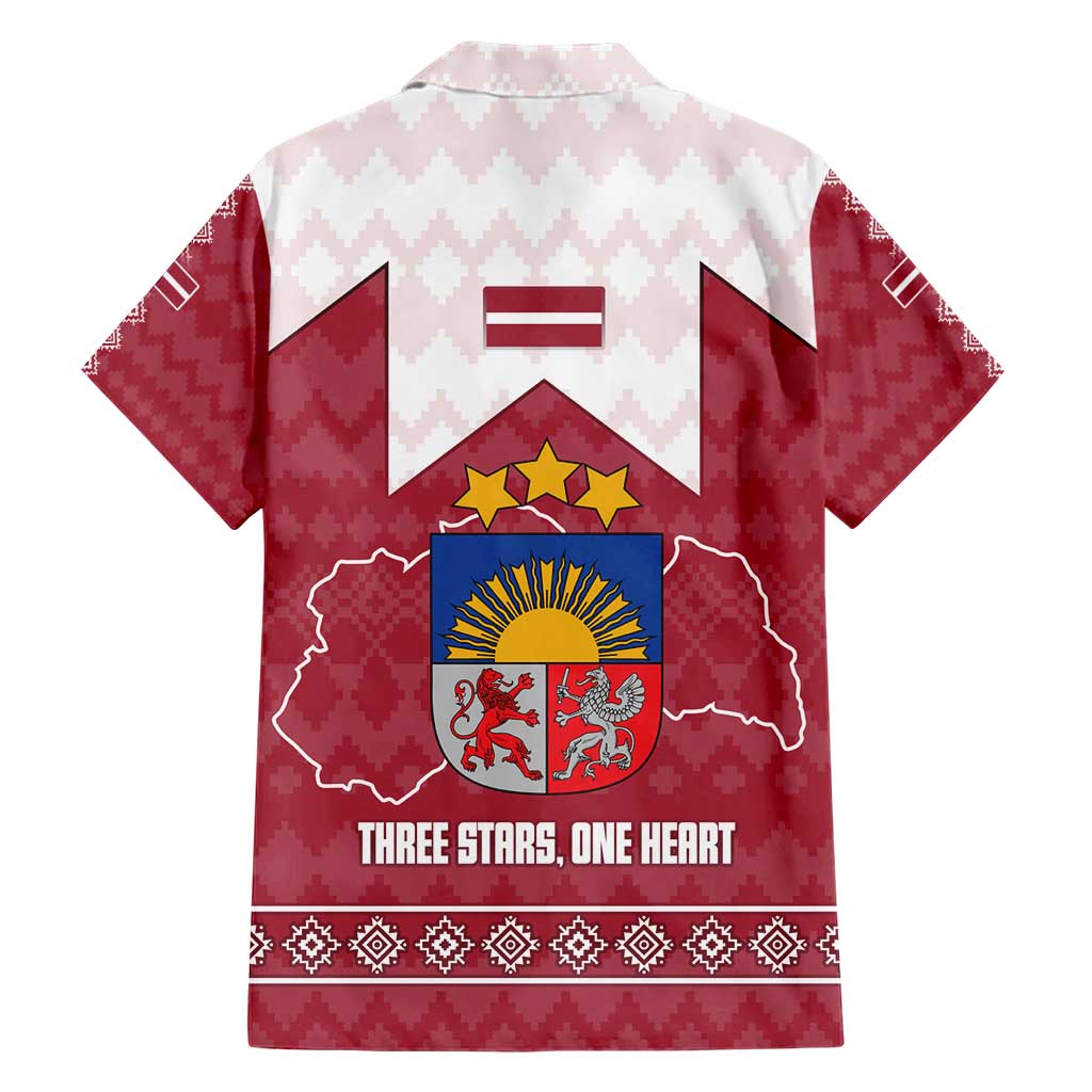 Latvia Hawaiian Shirt with National Coat of Arms and Knit Pattern – Three Stars One Heart Design