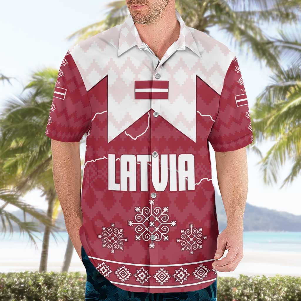 Latvia Hawaiian Shirt with National Coat of Arms and Knit Pattern – Three Stars One Heart Design