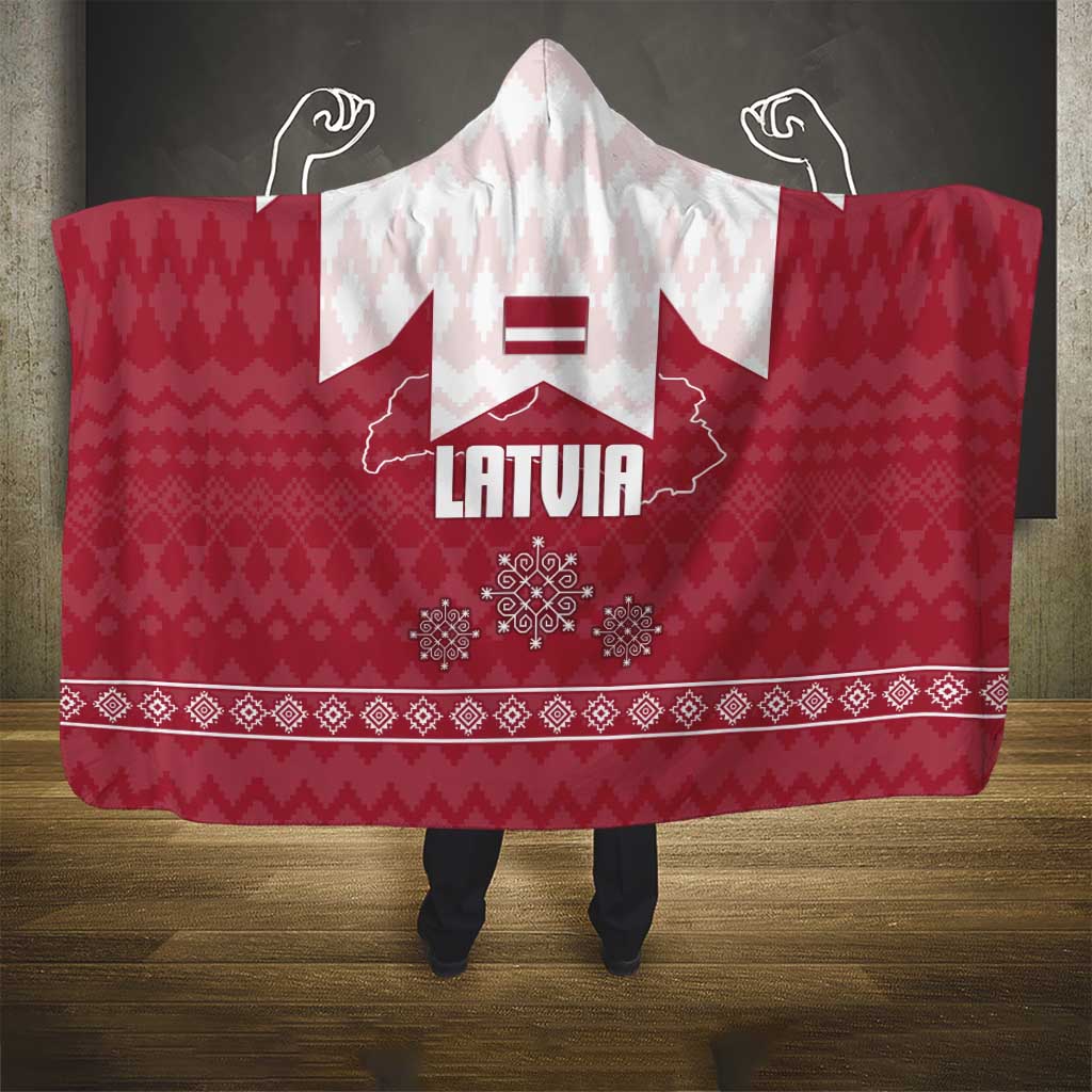 Latvia Hooded Blanket with National Coat of Arms and Knit Pattern – Three Stars One Heart Design