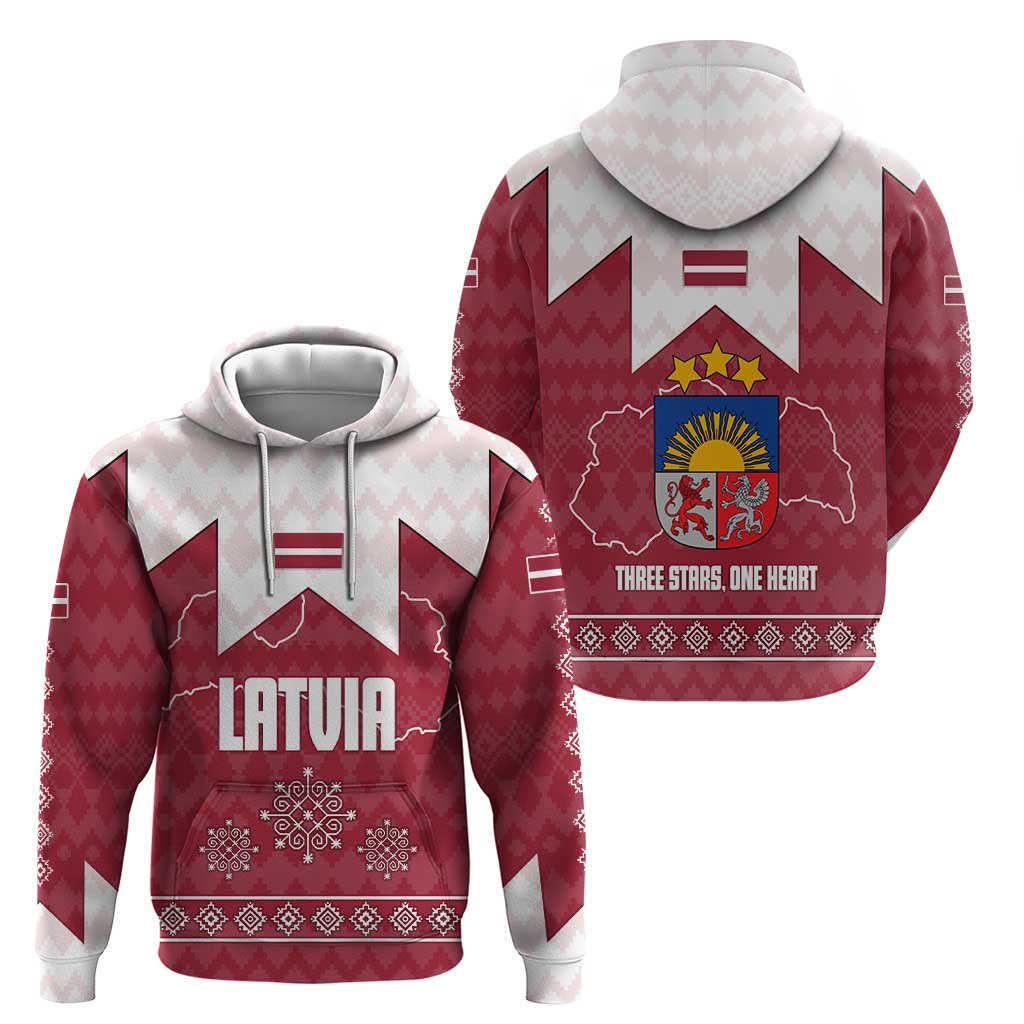 Latvia Hoodie with National Coat of Arms and Knit Pattern – Three Stars One Heart Design