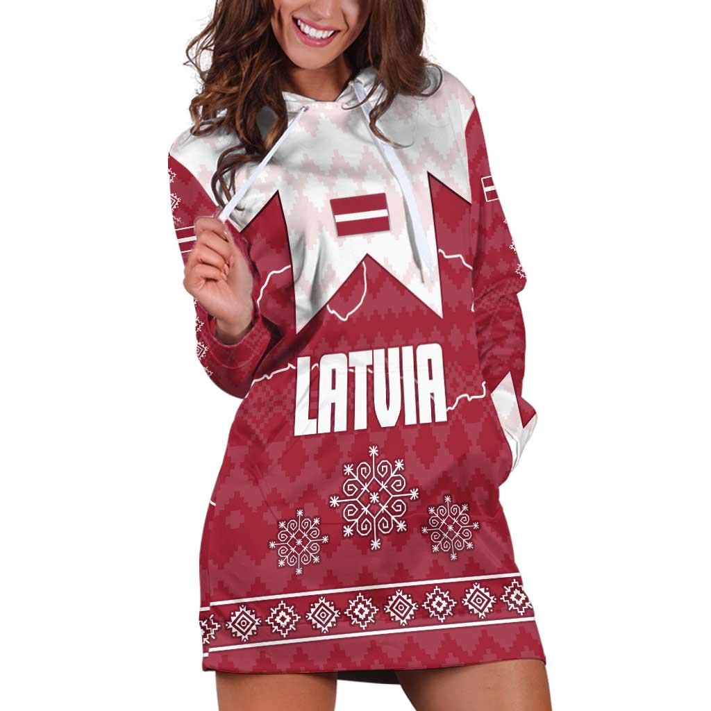 Latvia Hoodie Dress with National Coat of Arms and Knit Pattern – Three Stars One Heart Design