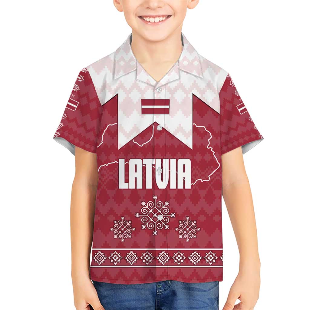 Latvia Kid Hawaiian Shirt with National Coat of Arms and Knit Pattern – Three Stars One Heart Design