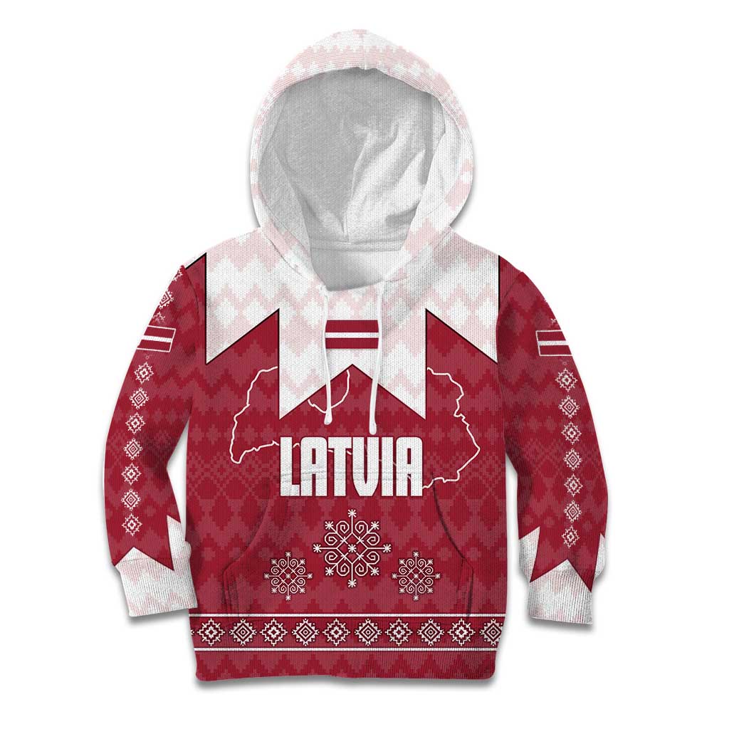 Latvia Kid Hoodie with National Coat of Arms and Knit Pattern – Three Stars One Heart Design