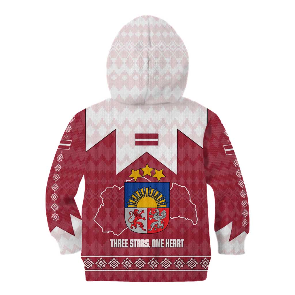 Latvia Kid Hoodie with National Coat of Arms and Knit Pattern – Three Stars One Heart Design