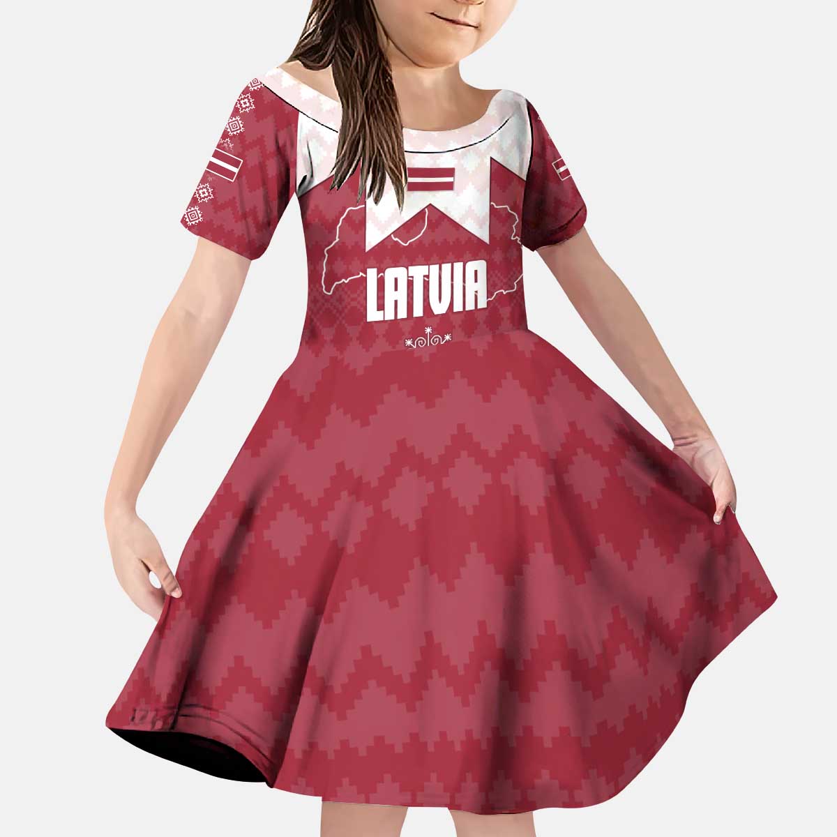 Latvia Kid Short Sleeve Dress with National Coat of Arms and Knit Pattern – Three Stars One Heart Design