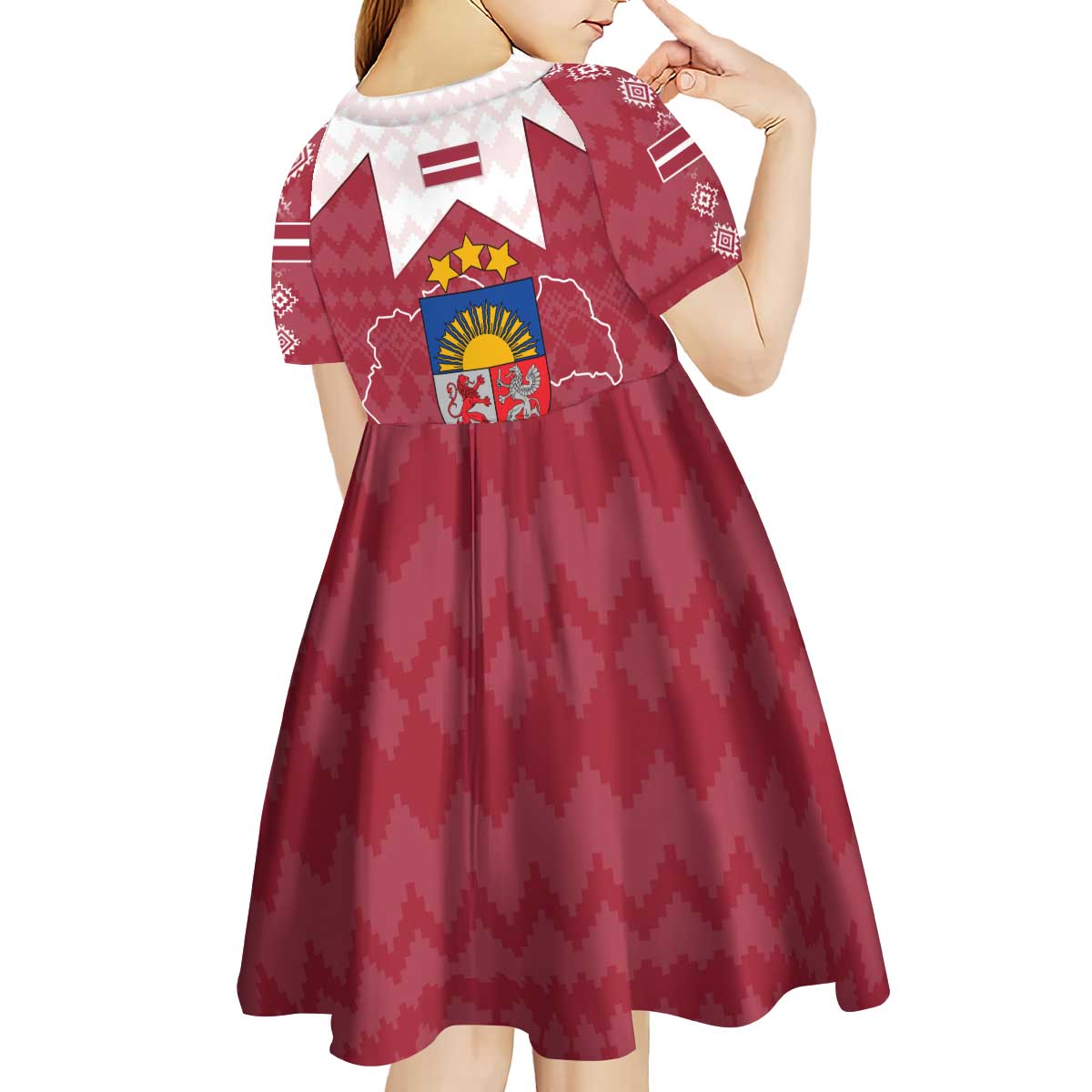 Latvia Kid Short Sleeve Dress with National Coat of Arms and Knit Pattern – Three Stars One Heart Design