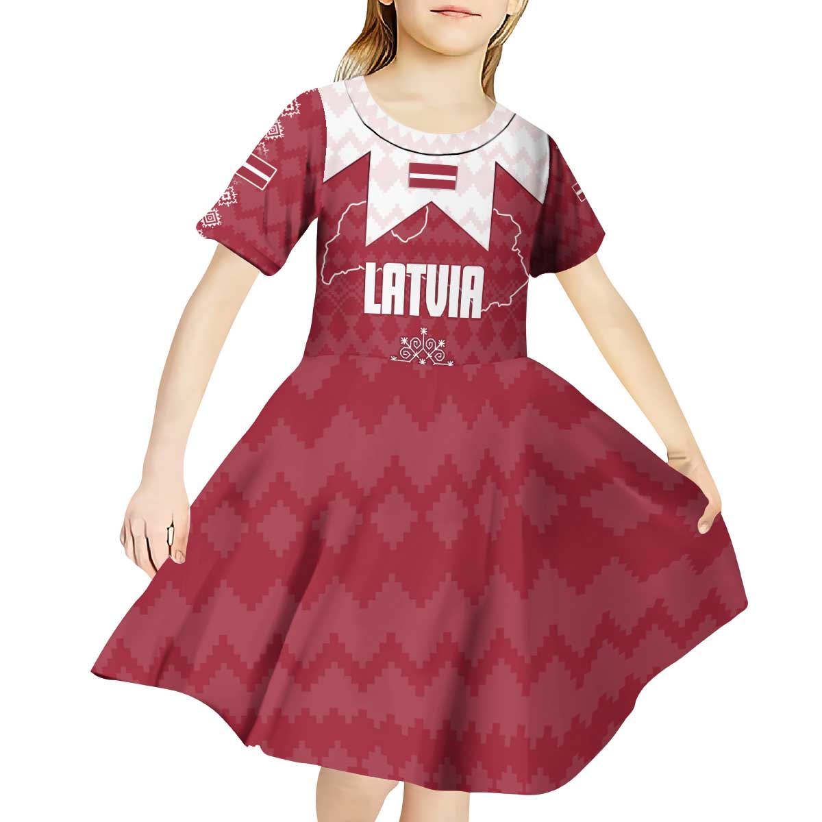 Latvia Kid Short Sleeve Dress with National Coat of Arms and Knit Pattern – Three Stars One Heart Design