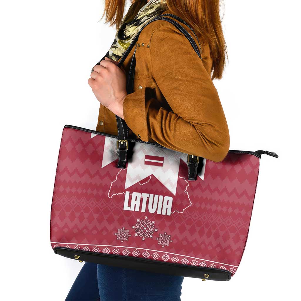 Latvia Leather Tote Bag with National Coat of Arms and Knit Pattern – Three Stars One Heart Design