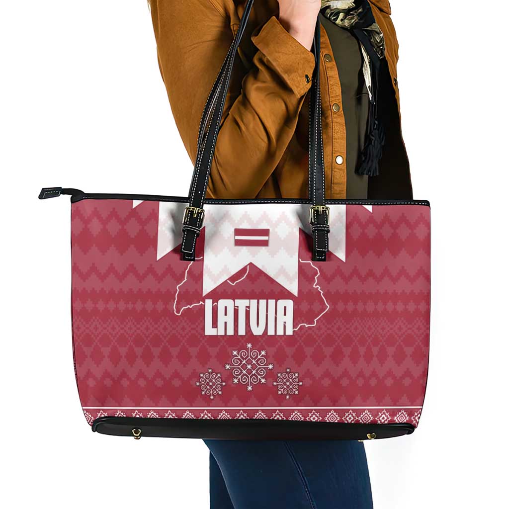Latvia Leather Tote Bag with National Coat of Arms and Knit Pattern – Three Stars One Heart Design
