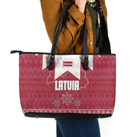 Latvia Leather Tote Bag with National Coat of Arms and Knit Pattern – Three Stars One Heart Design