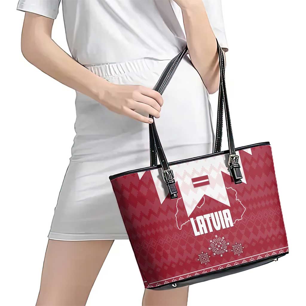 Latvia Leather Tote Bag with National Coat of Arms and Knit Pattern – Three Stars One Heart Design