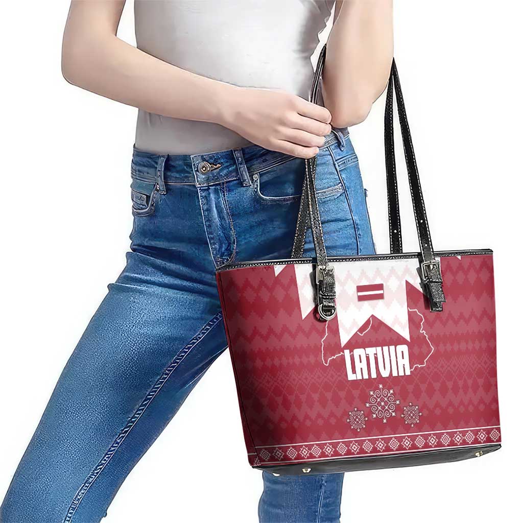 Latvia Leather Tote Bag with National Coat of Arms and Knit Pattern – Three Stars One Heart Design