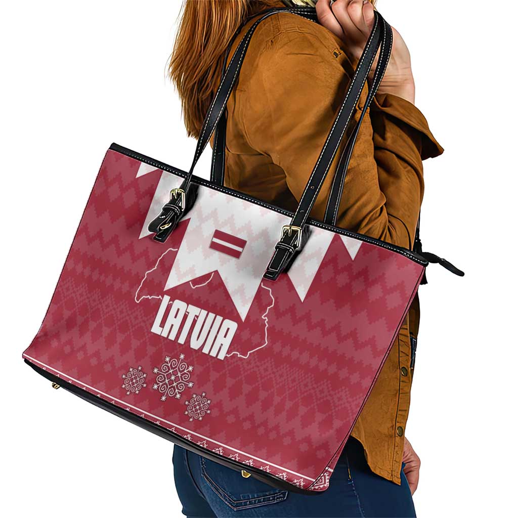 Latvia Leather Tote Bag with National Coat of Arms and Knit Pattern – Three Stars One Heart Design