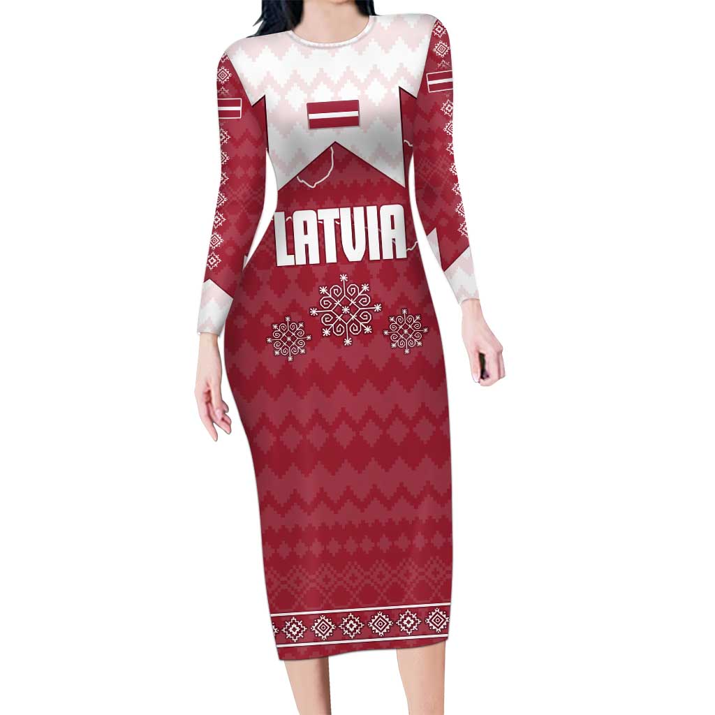 Latvia Long Sleeve Bodycon Dress with National Coat of Arms and Knit Pattern – Three Stars One Heart Design
