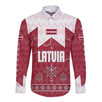 Latvia Long Sleeve Button Shirt with National Coat of Arms and Knit Pattern – Three Stars One Heart Design