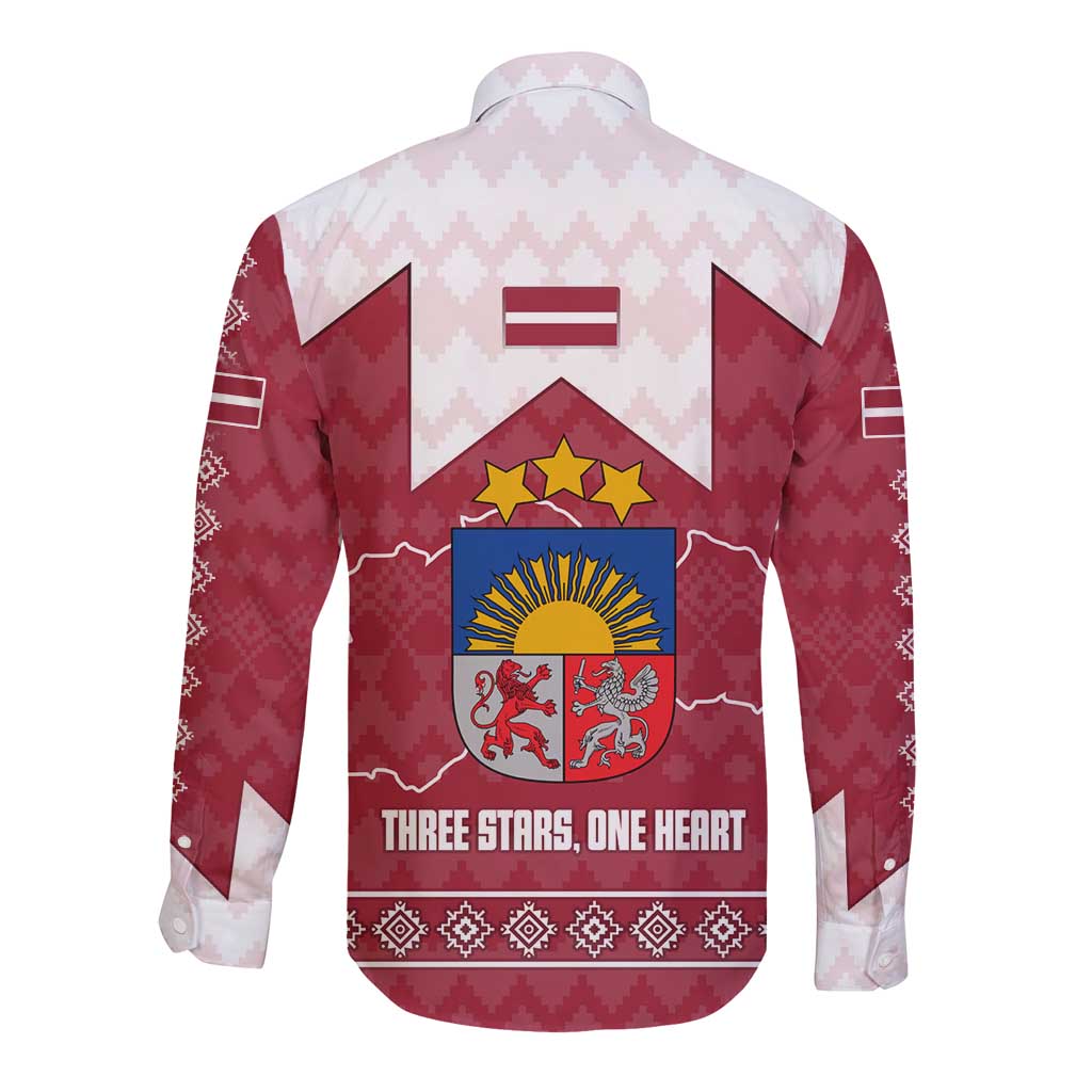 Latvia Long Sleeve Button Shirt with National Coat of Arms and Knit Pattern – Three Stars One Heart Design