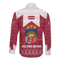 Latvia Long Sleeve Button Shirt with National Coat of Arms and Knit Pattern – Three Stars One Heart Design
