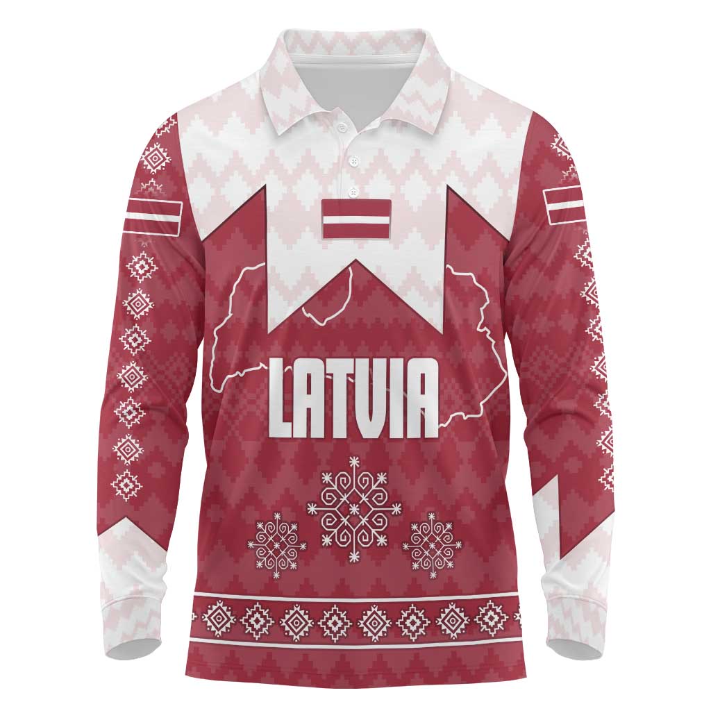 Latvia Long Sleeve Polo Shirt with National Coat of Arms and Knit Pattern – Three Stars One Heart Design
