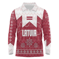 Latvia Long Sleeve Polo Shirt with National Coat of Arms and Knit Pattern – Three Stars One Heart Design