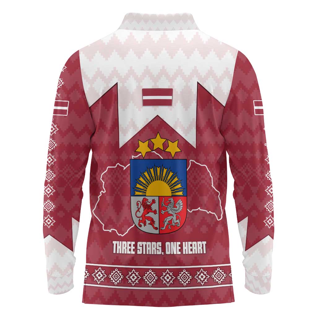 Latvia Long Sleeve Polo Shirt with National Coat of Arms and Knit Pattern – Three Stars One Heart Design