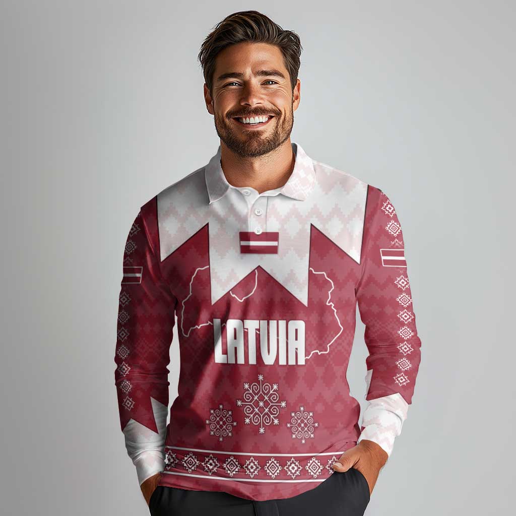 Latvia Long Sleeve Polo Shirt with National Coat of Arms and Knit Pattern – Three Stars One Heart Design