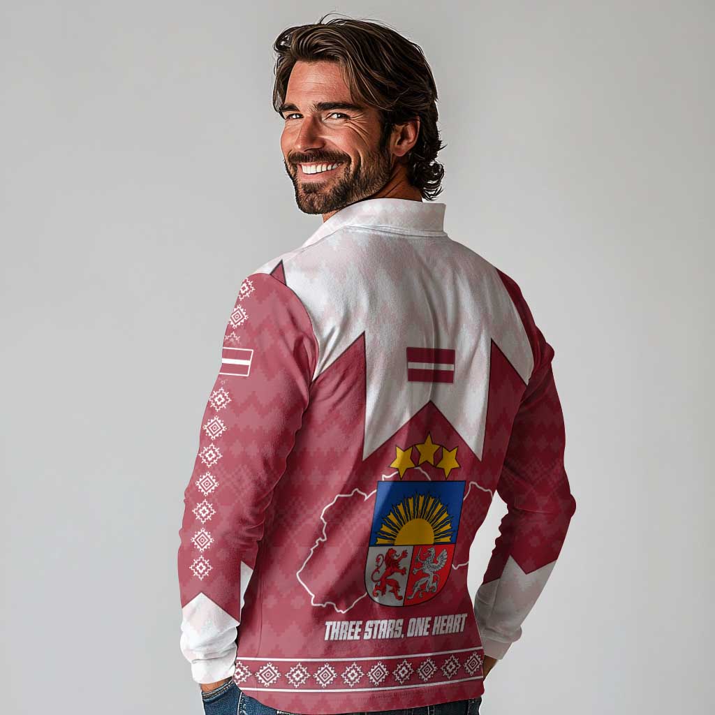 Latvia Long Sleeve Polo Shirt with National Coat of Arms and Knit Pattern – Three Stars One Heart Design