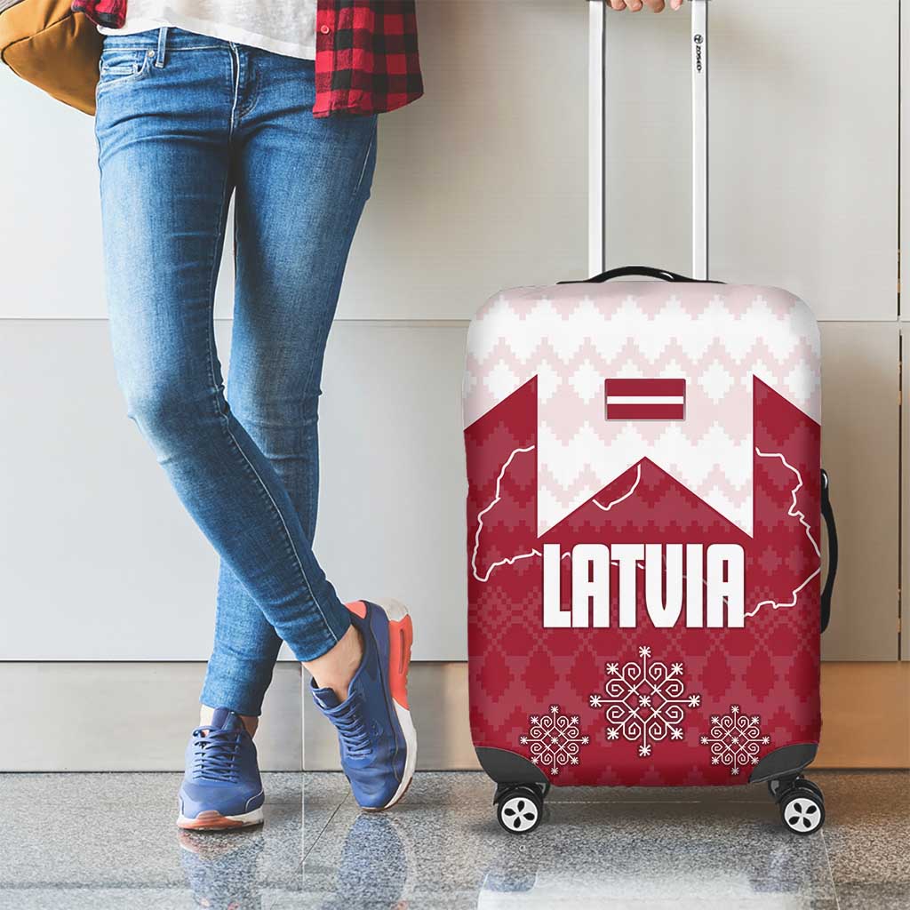 Latvia Luggage Cover with National Coat of Arms and Knit Pattern – Three Stars One Heart Design