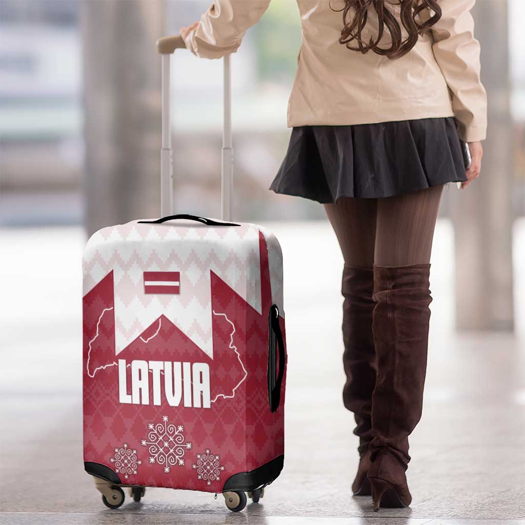 Latvia Luggage Cover with National Coat of Arms and Knit Pattern – Three Stars One Heart Design