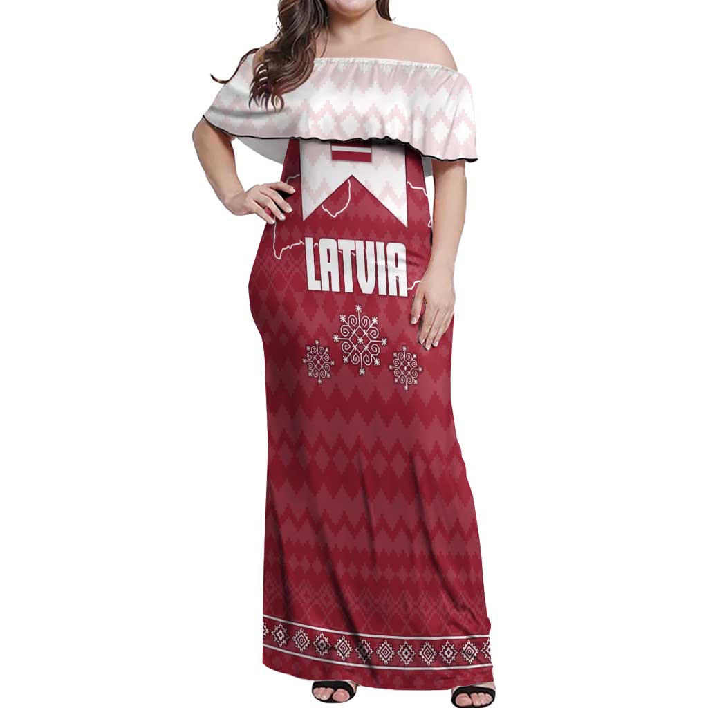 Latvia Off Shoulder Maxi Dress with National Coat of Arms and Knit Pattern – Three Stars One Heart Design