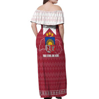 Latvia Off Shoulder Maxi Dress with National Coat of Arms and Knit Pattern – Three Stars One Heart Design